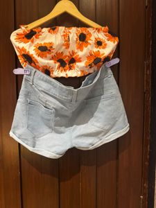 Cute Sunflower Crop Top &amp; Denim Shorts Set
