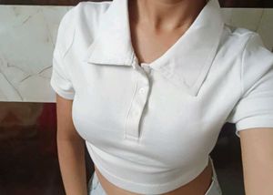 White Ribbed Collared Top