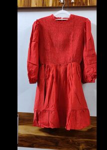 Red Smocked Tiered Dress