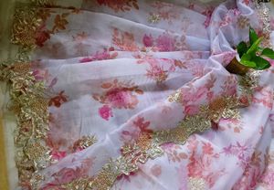 Floral print organza Saree with Embellished bo