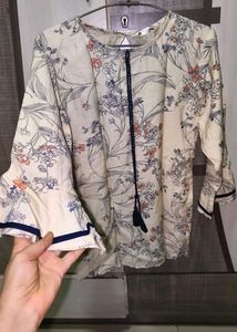 Floral Print Tassel Tie Neck Kurti Top