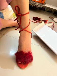 Red Lace-Up Heels with Fur Accent