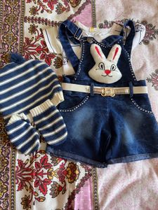 Cute Denim Bunny Overalls Set with Hat & Mittens