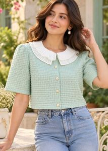 Textured Button-Up Top with Peter Pan Collar