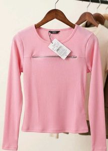 Pink Ribbed Long Sleeve Zip Top