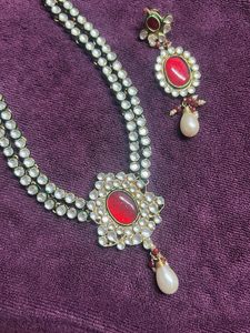 kundan Red Stone Necklace and Earrings Se