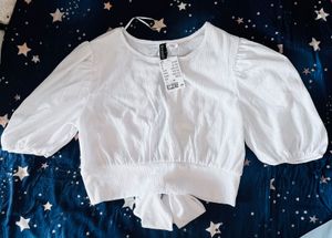H&amp;M White Puff Sleeve Cropped Top