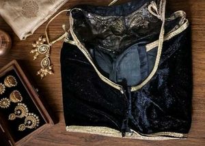Elegant Black Velvet Blouse with Gold Embellishmen
