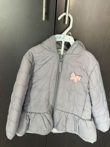 Gray Puffer Jacket with Butterfly Detail
