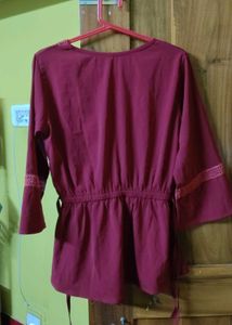 Maroon Lace Trim Peplum Blouse