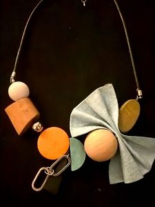 Unique Geometric Wood &amp; Fabric Necklace