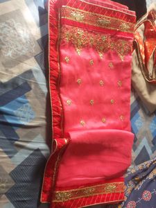Beautiful Pink Saree with Gold Embroidery