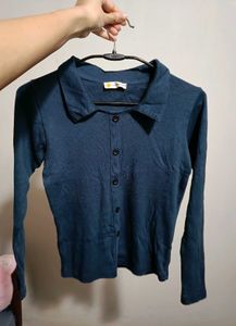 Navy Blue Long Sleeve Collared Top
