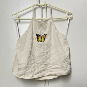 Cream Ribbed Butterfly Halter Top