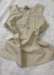 Beige Embroidered Lighthouse Sleeveless Top