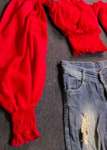 Red Off-Shoulder Crop Top with Puff Sleeves