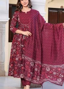 Maroon floral printed Anarkali dress 7XL size