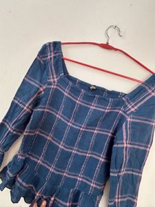 Chic Teal Plaid Smocked Peplum Top