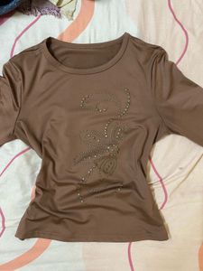 Brown Long Sleeve Top with Embellishments