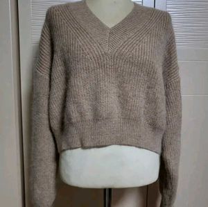 Beige Knit V-Neck Sweater