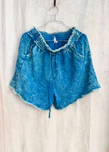 I. Blue Denim Ruffled Shorts