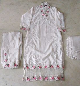 White Kurta Set with Pink Floral Embroidery