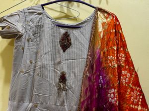 Elegant Grey Anarkali Suit with Vibrant Dupatta