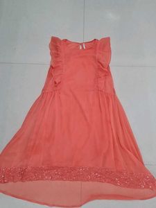 Chic Coral Ruffle Dress with Sequins