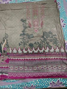 Beautiful Grey &amp; Pink Embroidered Cotton Suit
