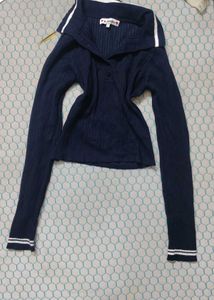 Navy Blue Ribbed Long Sleeve Top