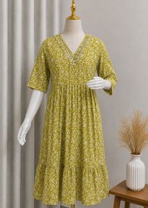 Women’s Olive Green Printed Cotton Maxi Dress with