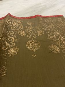 OLIVE GREEN COTTON BLEND GOLDEN PRINTED DUPATTA