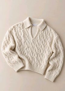 IVORY CABLE KNIT V-NECK SWEATER WITH COLLAR