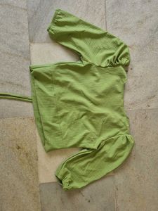 Ribbed Green Puff Sleeve Top