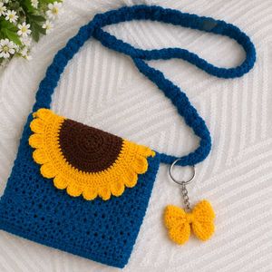 Handmade Crochet Blue Bag with Sunflower