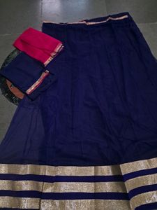Navy Blue Net Lahenga (Unstitched)