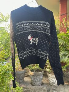 Cute Dog Print Black Knit Sweater