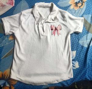 White Polo T-Shirt with Pink Bow
