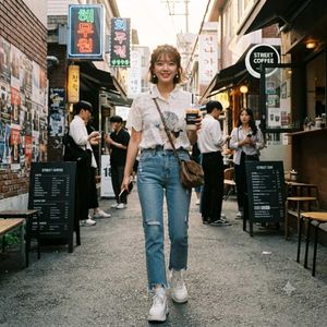 White Lace Trim Graphic Shirt/Top