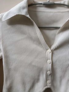 White Ribbed Collared Crop Top