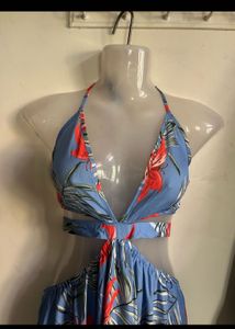 Blue Tropical Print Maxi Dress