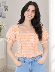 Gingham Smocked Puff Sleeve Top