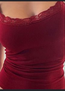 Maroon Ribbed Lace Trim Cami Top