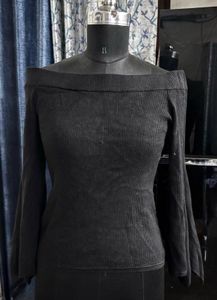 Off-Shoulder Ribbed Bell Sleeve Top