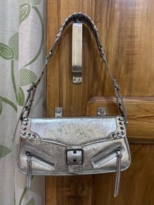 MANGO; Silver Metallic Shoulder Bag