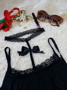Black Lace Trim Slip &amp; Thong Set