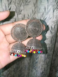 Silver Jhumka Earrings with Colorful Beads
