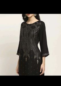 Elegant Black Kurta  Gold Print with crop top