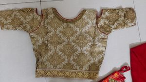 Golden Blouse With Red&amp;Mixed Orange Printed Lehnga