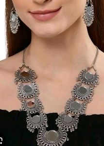 Bohemian Oxidized Silver Necklace & Earrings Set